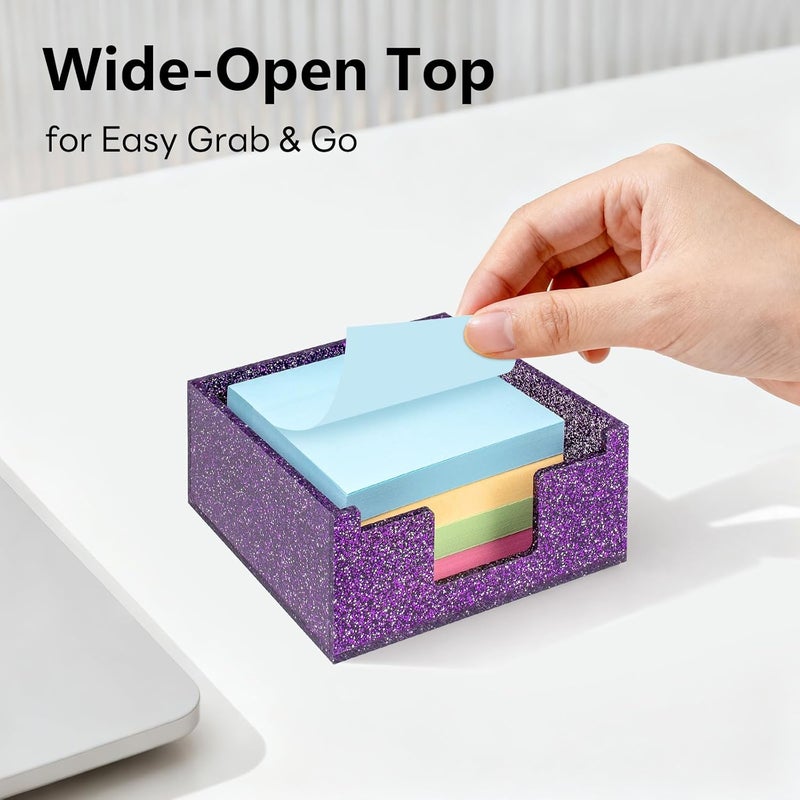 Luminzo Purple Sparkling Sticky Note Holder, Glitter Acrylic Organizer, 3.94 x 3.94 in Multi-Use Tray for Office, School & Home Desk - Image 5